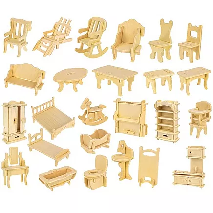 Wooden doll furniture set 34 pieces 23542