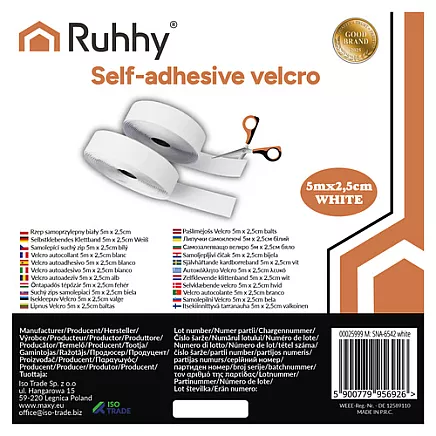 Self-adhesive Velcro white 5m x 2.5cm Ruhhy 25999