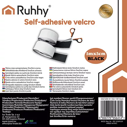 Self-adhesive Velcro tape 5mx5cm black Ruhhy 25806