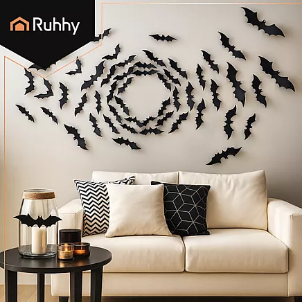 3D sikspārņu uzlīmes Helovīnam 56 gab. Ruhhy 26026, melnas