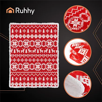 Divpusējs Ziemassvētku pleds Ruhhy ar šerpu 130x170 cm 26610, sarkans-balts