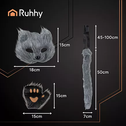 Kaķa kostīma komplekts 4 daļas ar asti un masku Ruhhy 26247, pelēks