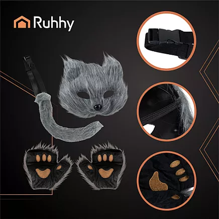 Kaķa kostīma komplekts 4 daļas ar asti un masku Ruhhy 26247, pelēks