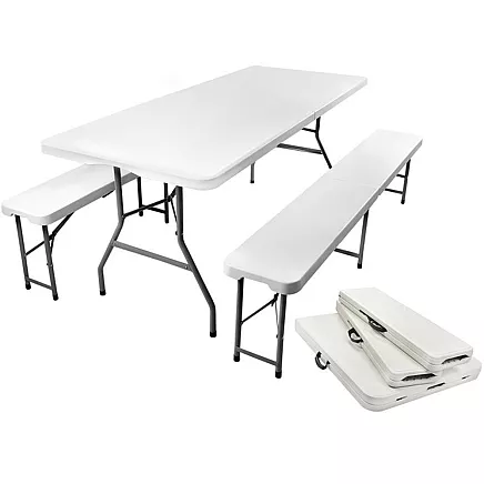 Saliekams Dārza Piknika Saimniecības Galds + 2 Soliņi, 180x74x74 cm, Balts