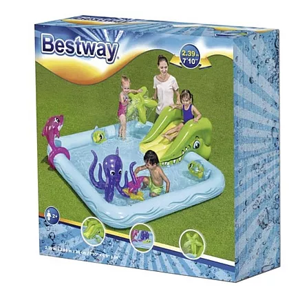 Bestway Интерактивная надувная водная площадка - прочный виниловый детский бассейн-аквариум с горкой и душем для пальм, емкость 308 литров, подходит для использования в помещении и на улице