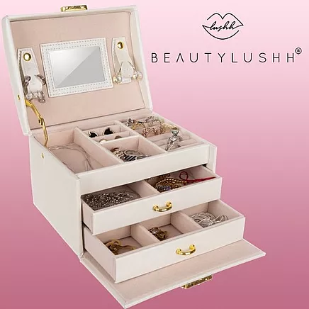 20 отделений элегантной шкатулки для хранения украшений с замком - бежевая кожа PU и полиэстер, устойчивая к царапинам подкладка-органайзер Trunk