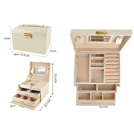 20 отделений элегантной шкатулки для хранения украшений с замком - бежевая кожа PU и полиэстер, устойчивая к царапинам подкладка-органайзер Trunk