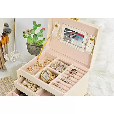 20 отделений элегантной шкатулки для хранения украшений с замком - бежевая кожа PU и полиэстер, устойчивая к царапинам подкладка-органайзер Trunk