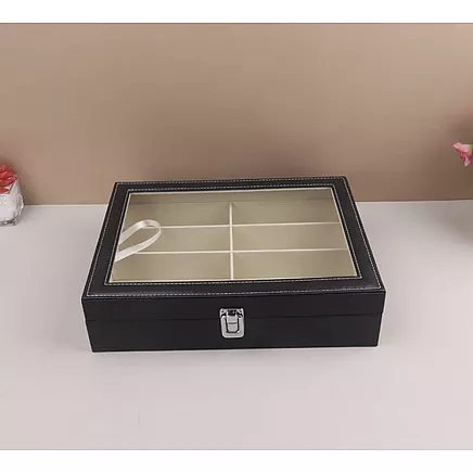 Элегантный черный органайзер для очков из экокожи с 8 безопасными отделениями - эстетичное решение для хранения и демонстрации очков, идеальная идея для подарка