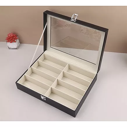 Элегантный черный органайзер для очков из экокожи с 8 безопасными отделениями - эстетичное решение для хранения и демонстрации очков, идеальная идея для подарка