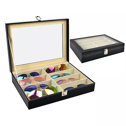 Элегантный черный органайзер для очков из экокожи с 8 безопасными отделениями - эстетичное решение для хранения и демонстрации очков, идеальная идея для подарка