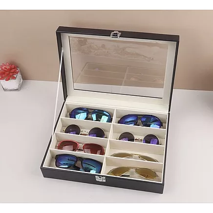 Элегантный черный органайзер для очков из экокожи с 8 безопасными отделениями - эстетичное решение для хранения и демонстрации очков, идеальная идея для подарка