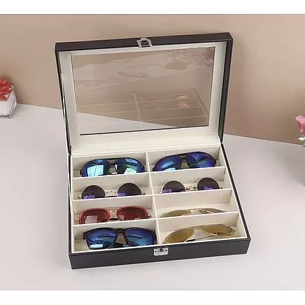 Элегантный черный органайзер для очков из экокожи с 8 безопасными отделениями - эстетичное решение для хранения и демонстрации очков, идеальная идея для подарка