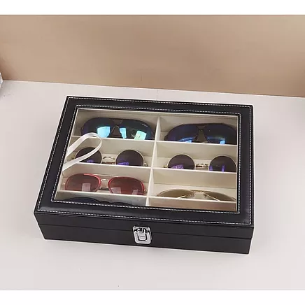 Элегантный черный органайзер для очков из экокожи с 8 безопасными отделениями - эстетичное решение для хранения и демонстрации очков, идеальная идея для подарка