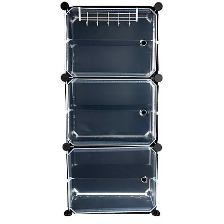 Простая сборка модульной стойки для обуви: компактная многоуровневая полка с открывающейся дверцей и прозрачным дизайном