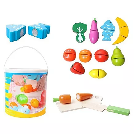 Wooden chopping vegetables in a bucket