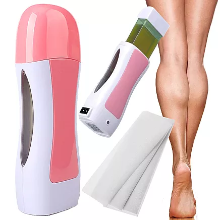 Vaksācijas komplekts ar sildītāju, vasku kasetē un strēmelēm, rozā-balts