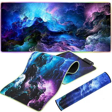 Datorgalda Klaviatūras Paklājs Peles Paliktnis Kosmoss ar Apgaismojumu LED RGB, 30x80cm