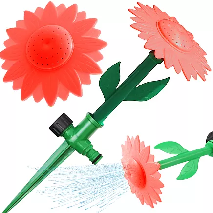 Dārza laistītājs ar saulespuķes uzgali, ar iespiežamu kātu, sarkans/zaļš