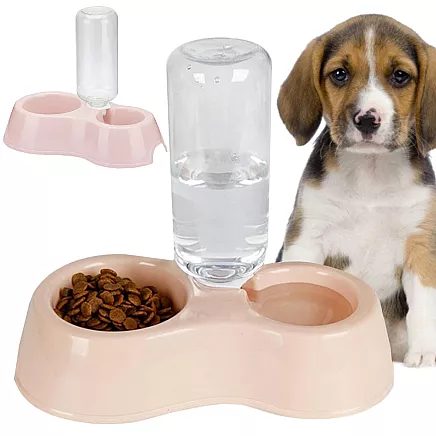 Double water bowl with dispenser for dog cat