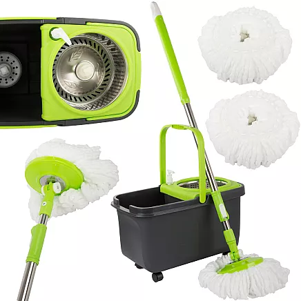 Rotējošais 360° grīdas mops ar spaini, dozatoru un 2 mikrošķiedras lupatiņām