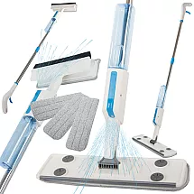 Plakanais mops ar smidzinātāju un logu tīrītāju, 3 mikrošķiedras uzlikas, balts