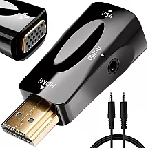 HDMI uz VGA adapteris ar audio 3,5mm mini jack, melns