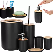 6-daļīgs vannas istabas piederumu komplekts (birste, šķidro ziepju dozators utt.), Melns