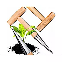 Stādīšanas irdinātājs ar koka rokturi un metāla mērs.