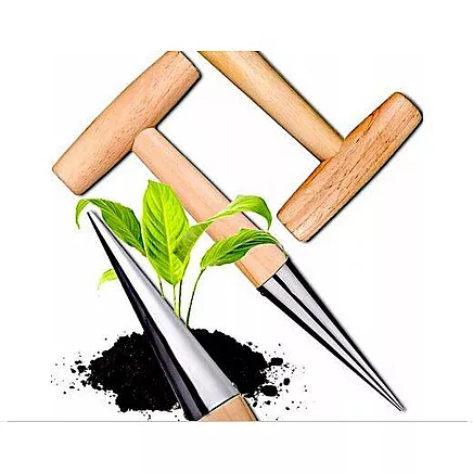 Stādīšanas irdinātājs ar koka rokturi un metāla mērs.