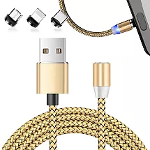 Magnētisks USB uzlādes vads 3 vienā – Micro, USB-C, Lightning, 1m, zelta