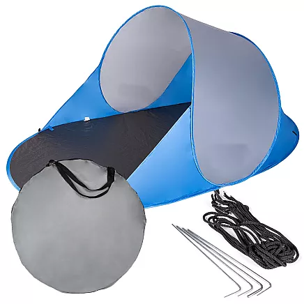 Pašizplešams pludmales telts ar aizsardzību un pārsegu, zils-sudrabs