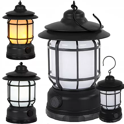 LED kempinga lampa, lukturis ar akumulatoru, USB, āra, ar āķi, Melns