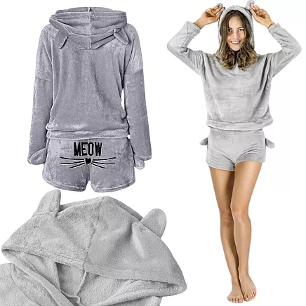 Warm womens pyjamas two-piece with hood soft plush short xl