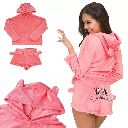 Warm womens pyjamas two-piece with hood soft plush short xl