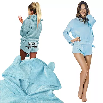 Warm womens pyjamas two-piece with hood soft plush short xl