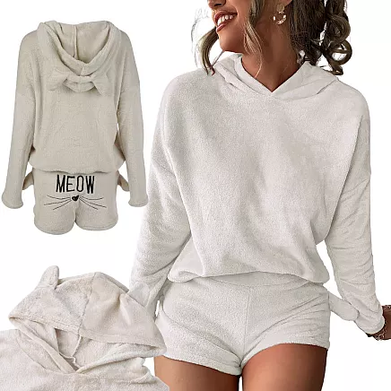 Warm womens pyjamas two-piece with hood soft plush short m
