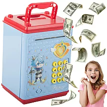 Interaktīva seifa tipa krājkase ar PIN kodu, banknotēm un monētām, zila