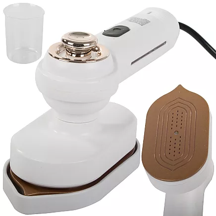 Kompakts ceļojumu tvaika gludeklis ar rotējošu rokturi un smidzinātāju, pelēks/balts