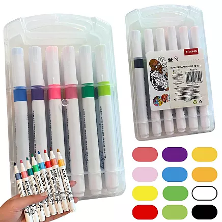 ACRYLIC MARKERS 12 PCS COLOUR FOR GLASS PLASTIC METAL WOOD + CASE