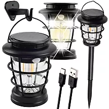 Saules dārza lampa LED laterna ar kustības sensoru USB, melna