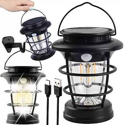Saules LED kempinga laterna dārzam ar USB un kustības sensoru