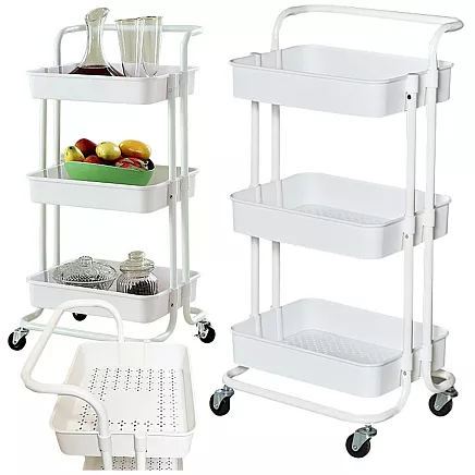 Bathroom shelf, kitchen cabinet, mobile rack on wheels, 3 levels, white