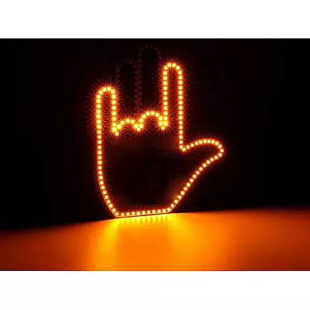 Gesture signalling hand on the rear window of a car middle finger led remote control