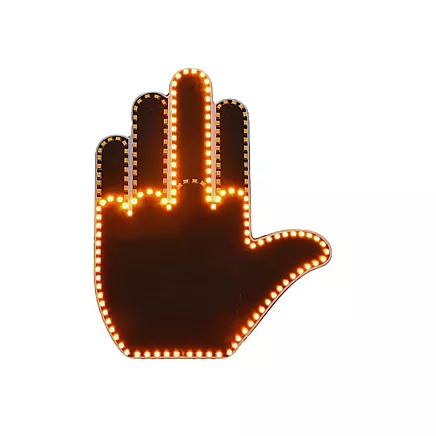 Gesture signalling hand on the rear window of a car middle finger led remote control