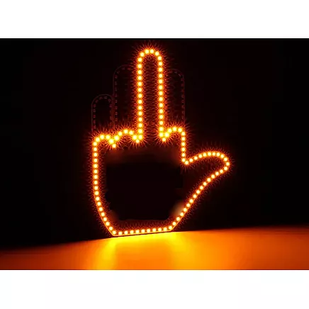 Gesture signalling hand on the rear window of a car middle finger led remote control