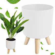 Stāvošs istabas puķu pods ar koka statīvu 20.5cm, balts