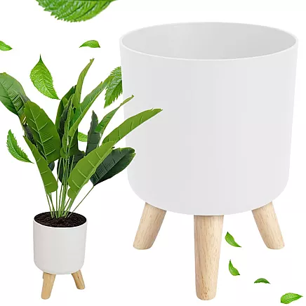 Stāvošs istabas puķu pods ar koka statīvu 20.5cm, balts