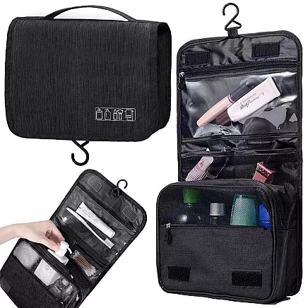 Travel cosmetics bag, hanging organiser for the bathroom, with zip, hook and handle