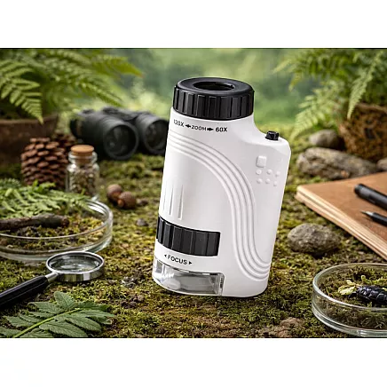 Compact optical microscope with 120x zoom, led lighting and uv function – educational model